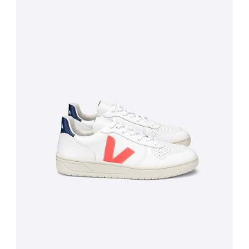 White/Orange/Blue Women's Veja V-10 LEATHER Sneakers | AU 646JPQ